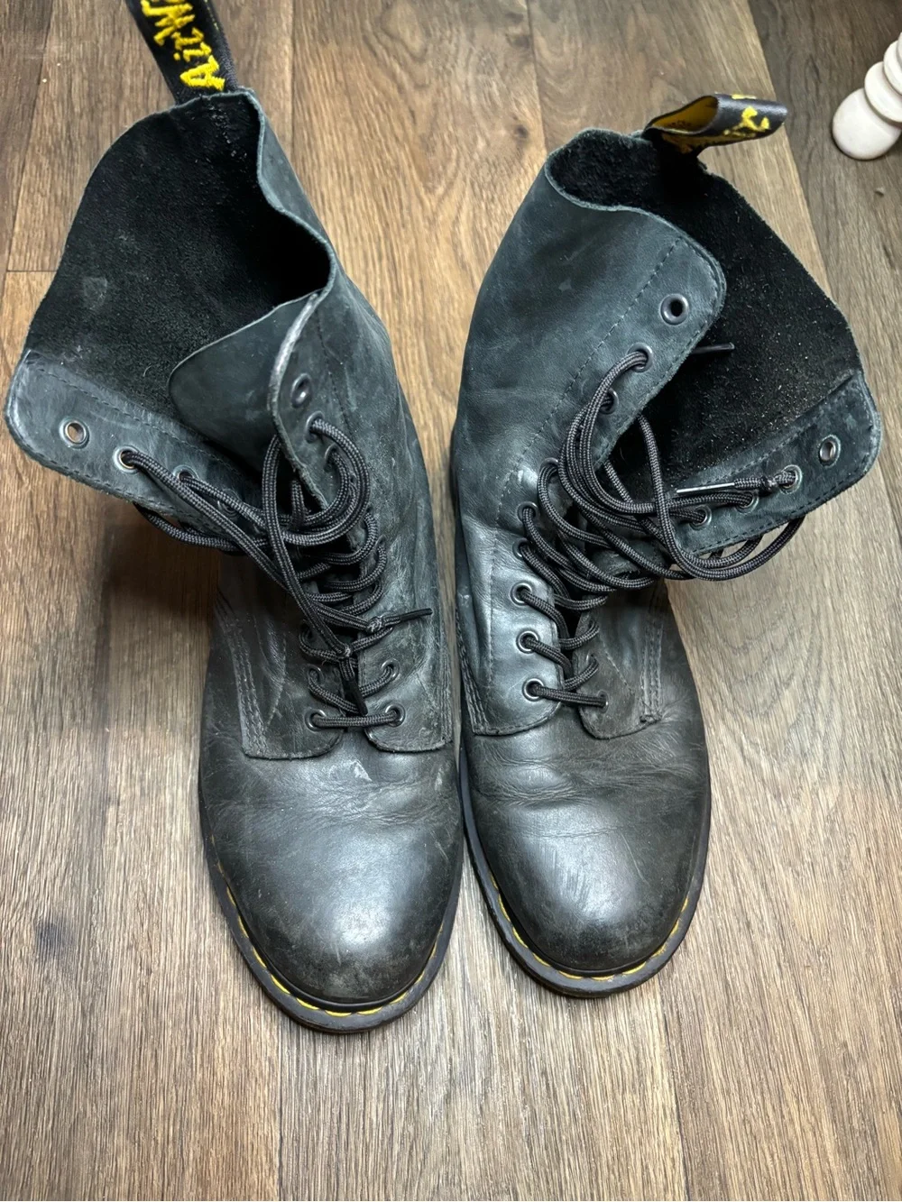 Dr. Martens Black Leather Lace-Up Combat Boots with Yellow Stitching
